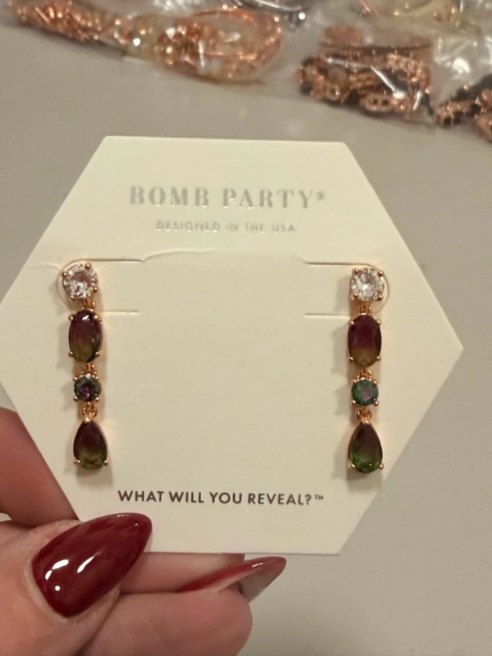 BOMB PARTY Gold-Tone Green & Iridescent Drop Earrings - Picture 1 of 8